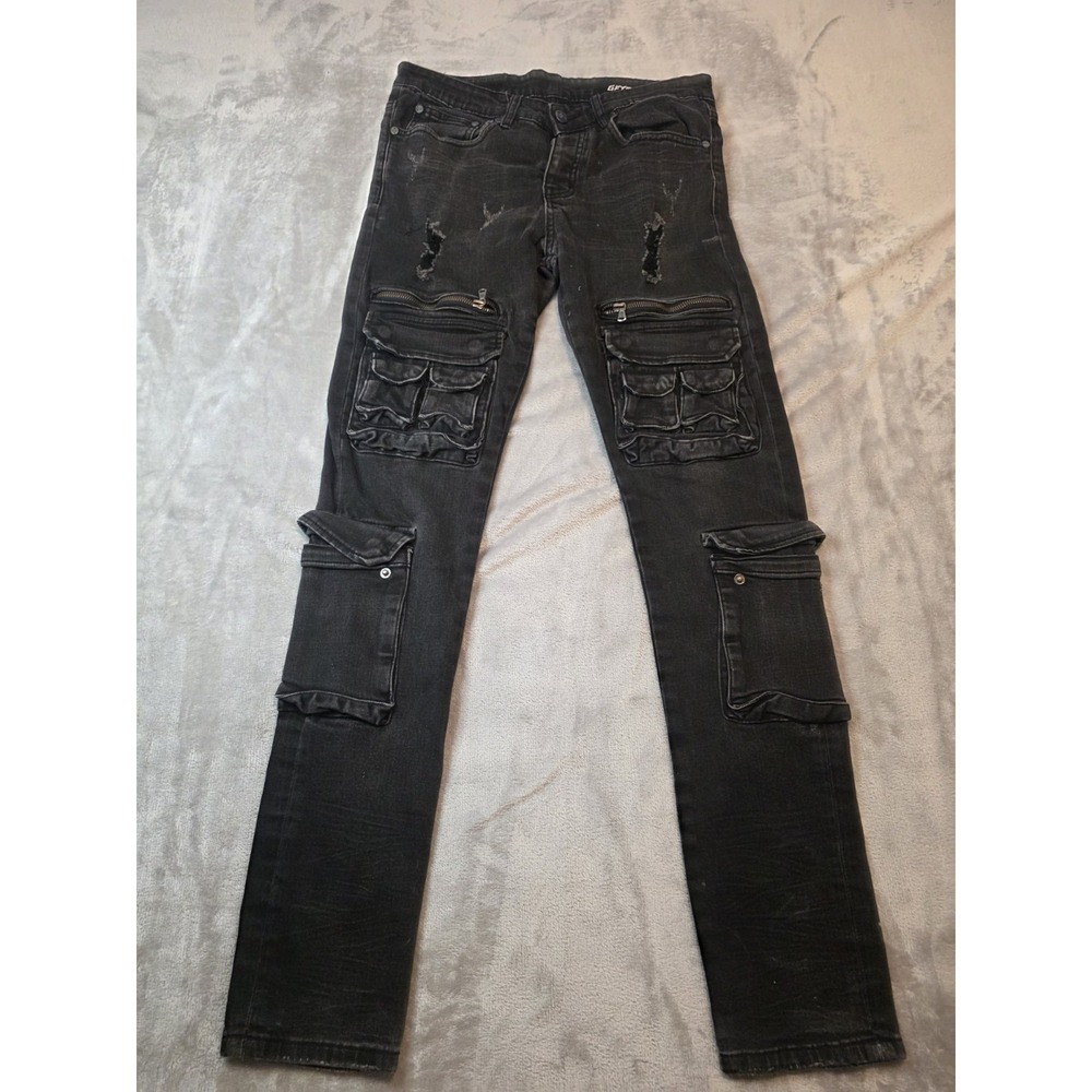 GFTD Los Angeles Men's Cargo Jeans 32 Black Distressed Slim Fit Stacked Moto